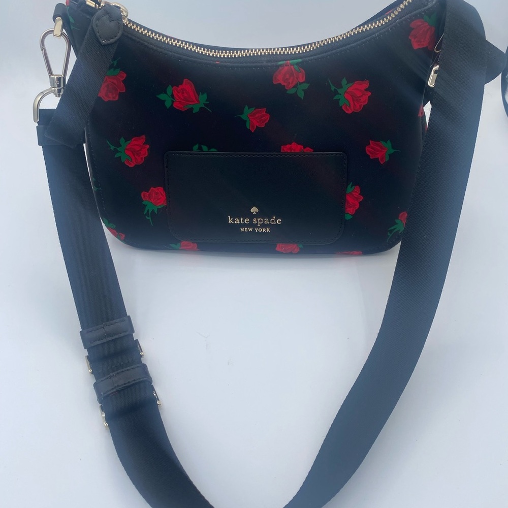 Kate Spade Black Crossbody Bag with Red Floral Design